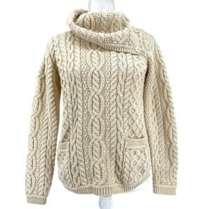 Aran Mor Women’s S Aran Vintage Cream Cable Knit Sweater Folding Collar‎